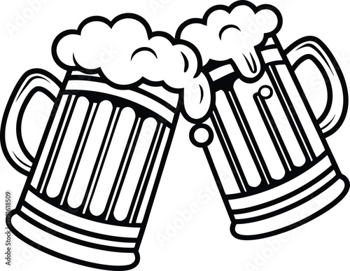 Two beer mugs with foam clinking together in celebration