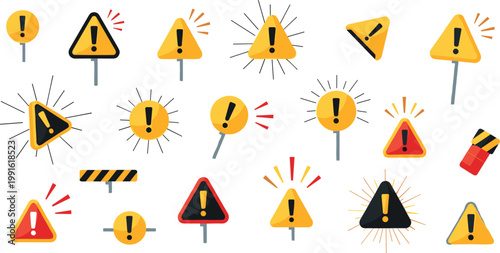 Warning and Caution Icon Set with Exclamation Triangle Hazard Alert Symbols for Safety Notification Construction Signage and User Interface Design Elements.