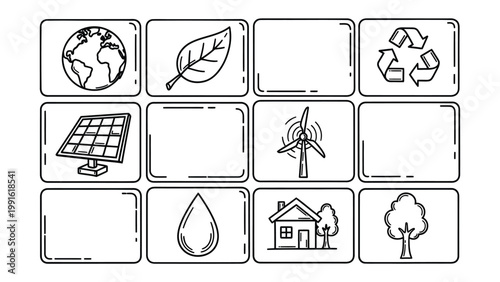 Eco-Friendly Icons: Illustrated icons represent the principles of environmental sustainability, encompassing recycling, renewable energy, and nature conservation.