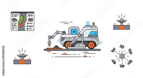 Industrial robotic arm, machinery icons, factory automation, robotics symbols, industrial equipment