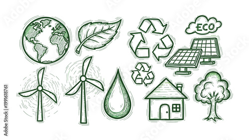 Eco-Friendly Icon Set: A comprehensive collection of hand-drawn icons representing eco-friendliness, sustainability, and renewable energy, perfect for illustrating environmental themes.