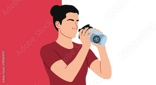 A dedicated athlete with a neat hair bun takes a refreshing drink from a translucent blue shaker bottle against a bold red and white background.
