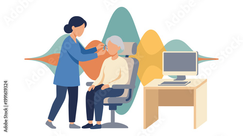 A professional female audiologist wearing a blue medical tunic carefully fits a hearing aid onto an elderly patient sitting in a specialized clinic chair.