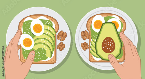 Two separate pairs of hands present delicious plates of healthy avocado toast topped with perfectly boiled eggs and crunchy walnuts on a green background.