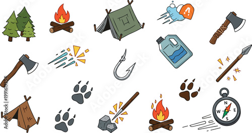 Camping and Survival Icon Set with Tent Fire Axe Water Bottle Compass Spear Fishing Hook Paw Print and Outdoor Adventure Tools for Hiking Designs.