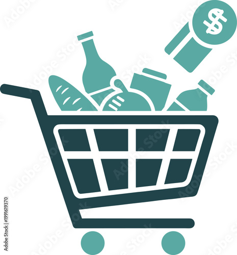Grocery shopping cart full of food items including bread milk bottle and products with currency sign on transparent background.