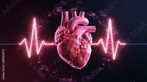 Glowing 3D human heart animation with heartbeat EKG line transition