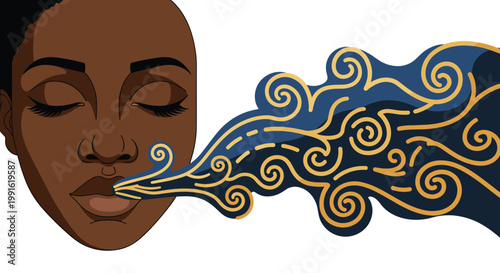 A serene close-up profile of a person with closed eyes exhaling a beautiful stream of stylized blue and gold swirling wind patterns against a white background.