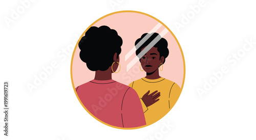 A circular illustration depicts a woman looking into a mirror and seeing a confident smiling reflection of herself wearing a bright yellow sweater.