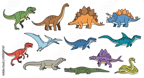 Collection of Various Dinosaur Species and Prehistoric Creatures.