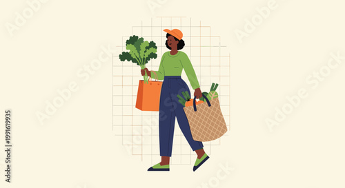 A cheerful woman wearing an orange cap walks while carrying heavy bags filled with fresh green kale and various healthy vegetables in a bright area.