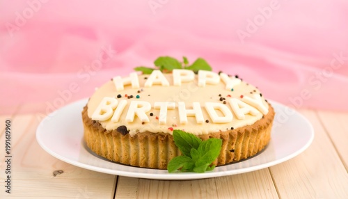Happy Birthday Tart Cake With Creamy Frosting And White Letters On A White Plate With Pink Fabric Background And Fresh Mint Leaves On Wooden Surface