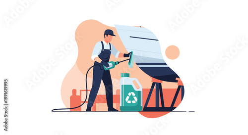 A diligent worker wearing blue overalls uses a pressure washer to clean the hull of a boat using eco-friendly recycled cleaning solution in a yard.