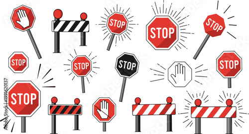 Stop and Warning Sign Icon Set with Traffic Barriers Hand Signals Red Octagon Symbols for Road Safety Construction Alert and Warning Designs.