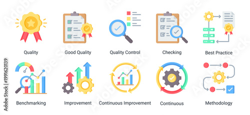 Icon set focused on quality assurance,standardization,and continuous improvement processes.Suitable for business,manufacturing,and operational excellence projects.
