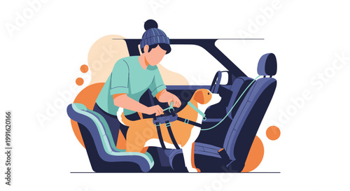 A person wearing a blue beanie carefully secures a brown and white dog into a specialized safety harness inside a modern vehicle interior cabin.