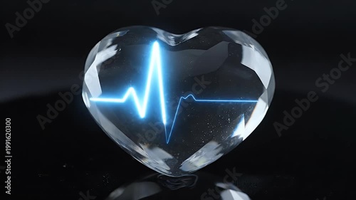 Blue glowing pulse rhythm moving through a faceted glass heart