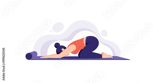 A woman in a coral top practices a relaxing childs pose on a purple yoga mat against a soft lavender background with abstract fluid shapes in a gym.