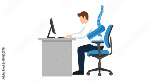 A man sits at a computer desk with a glowing blue spinal column graphic highlighting the importance of maintaining proper ergonomic posture in an office.