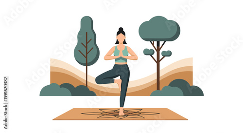 A serene woman performs a tree pose on a patterned mat in a stylized forest setting with layered brown hills and green trees in the distance outside.