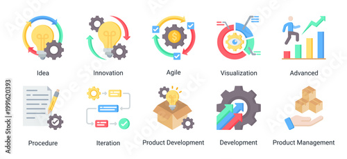 Creative icon set representing innovation,development processes,and agile methodologies for modern business and digital projects.