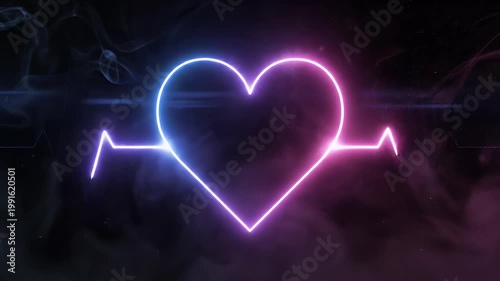 Neon Glowing Heartbeat Pulse Lines Merging into Heart Shape