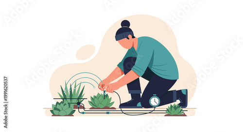 A dedicated gardener wearing a teal shirt and black beanie carefully installs a meticulous drip irrigation system for several green succulent plants in a warm environment.