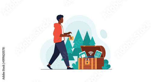 A young man wearing a bright orange hoodie walks purposefully past a large wooden treasure chest filled with glowing digital icons representing connectivity and communication.