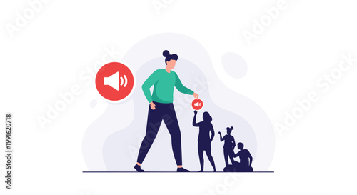 A large female figure wearing a green shirt hands a small red megaphone icon to a group of tiny dark silhouettes in a symbolic and abstract space with soft shapes.