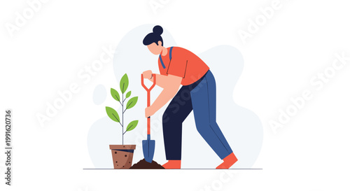 A hardworking woman wearing an orange shirt uses a blue shovel to dig a hole in the ground for planting a small green potted tree in a bright outdoor setting.