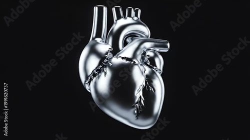 Metallic Human Heart Beating with Glowing EKG Heartbeat Monitor