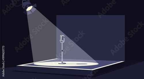 Retro vintage style microphone standing on a stage floor under a bright spotlight beam.