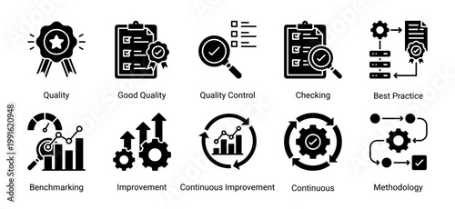 Icon set focused on quality assurance,standardization,and continuous improvement processes.Suitable for business,manufacturing,and operational excellence projects.