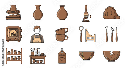 Pottery, ceramics, and sculpting tools, brown vector icons, pottery making equipment, 20 clay craft illustrations