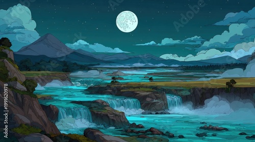 Enchanting Moonlit Waterfall Landscape with Serene River Flow.