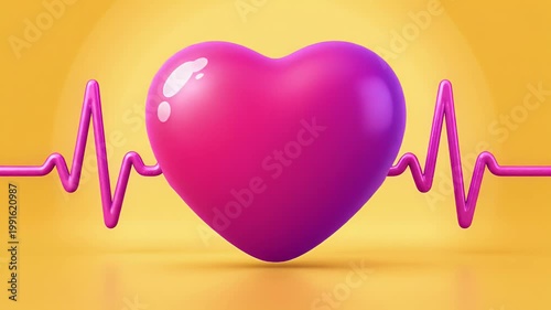 3D Animated Pink Heart Beating with EKG Pulse Line on Yellow