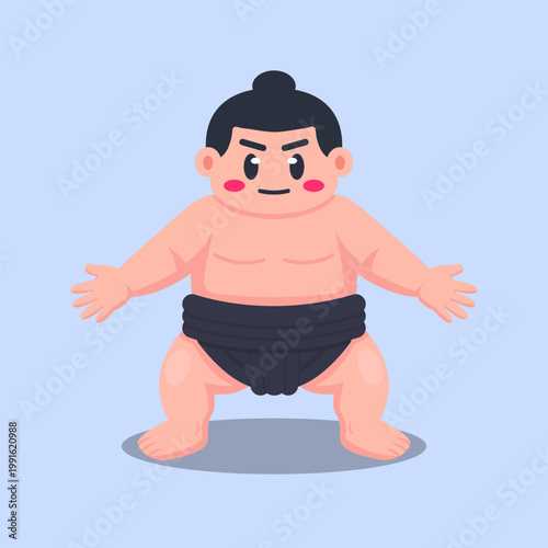 Cute Cartoon Sumo Wrestler Flat Vector Illustration on Blue Background