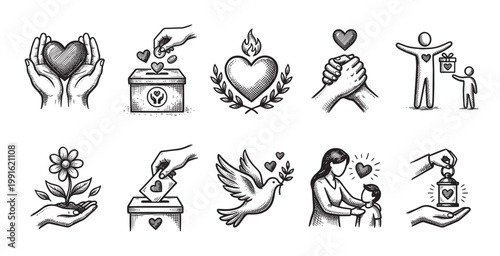 A collection of hand-drawn vector icons illustrating concepts of charity, kindness, love, donation, and giving. The icons feature hearts, hands, a dove, a plant, and people, rendered in a simple.