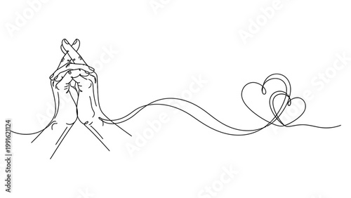 Continuous line art of two hands crossed with a heart symbol. Continuous line style. Hand drawn. Line art. Vector design. illustration