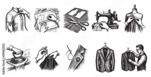 A graphic illustration in vintage woodcut style depicts the multifaceted process of tailoring, from precise measurements and pattern drafting to sewing with a machine, hand stitching.
