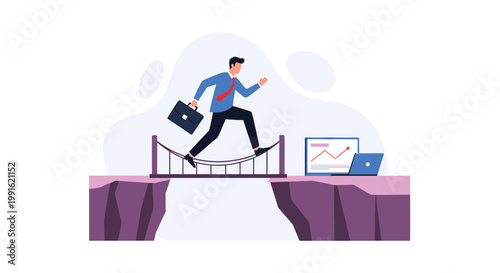 A determined businessman carrying a professional black briefcase leaps across a narrow rope bridge connecting two steep purple cliffs under a soft blue sky.