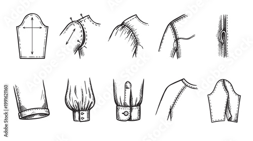 A hand-drawn illustration displays various stages of sewing a garment sleeve, including pattern pieces and construction techniques, ideal for fashion design resources.