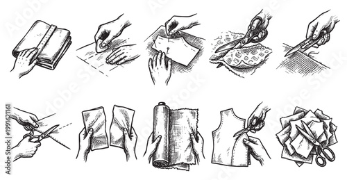Black and white sketch displays a sequence of hands performing various tailoring and sewing tasks including measuring cutting fabric and pinning.