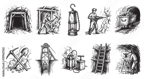 This vintage scratchboard illustration collection depicts various aspects of mining, including workers, tools, and underground scenes. The black and white artwork evokes a sense of history.