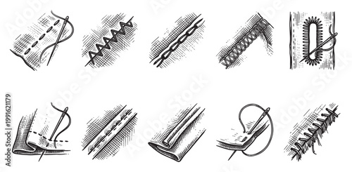 A vintage-style collection of ten detailed illustrations depicting various hand-sewn stitches on fabric, showcasing needlework techniques.