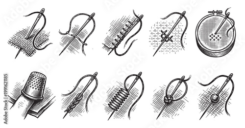 A collection of hand-drawn illustrations showcasing various sewing and stitching techniques, including needle threading, knot tying, and fabric manipulation, ideal for craft or DIY projects.