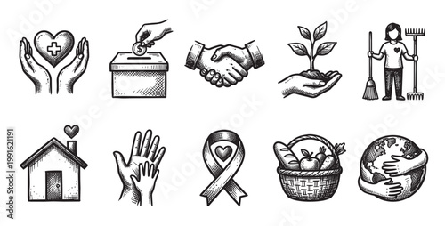 A collection of ten hand-drawn icons representing charity, volunteering, and kindness, with a sketched, ink-on-paper aesthetic.