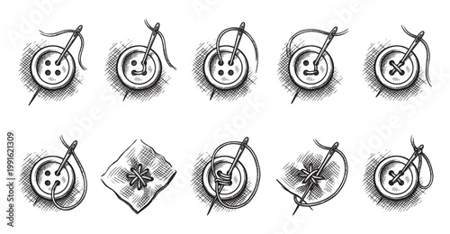 This is a hand-drawn, black and white illustration showing a needle and thread being used to sew buttons onto fabric in various patterns, conveying a sense of craft and DIY.