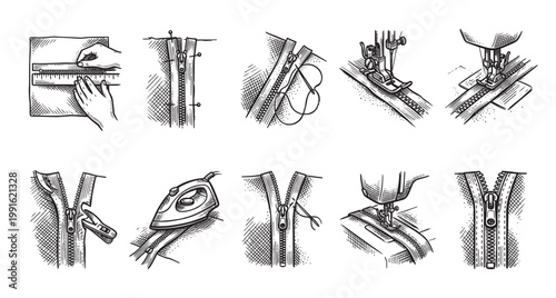 A black and white illustrative diagram displays various stages of sewing a zipper, including measuring, pinning, ironing, and machine stitching.