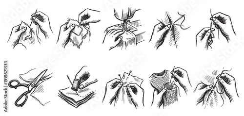 A series of line drawings depicting various hand sewing, mending, and knitting techniques using needles, thread, scissors, and a sewing machine.